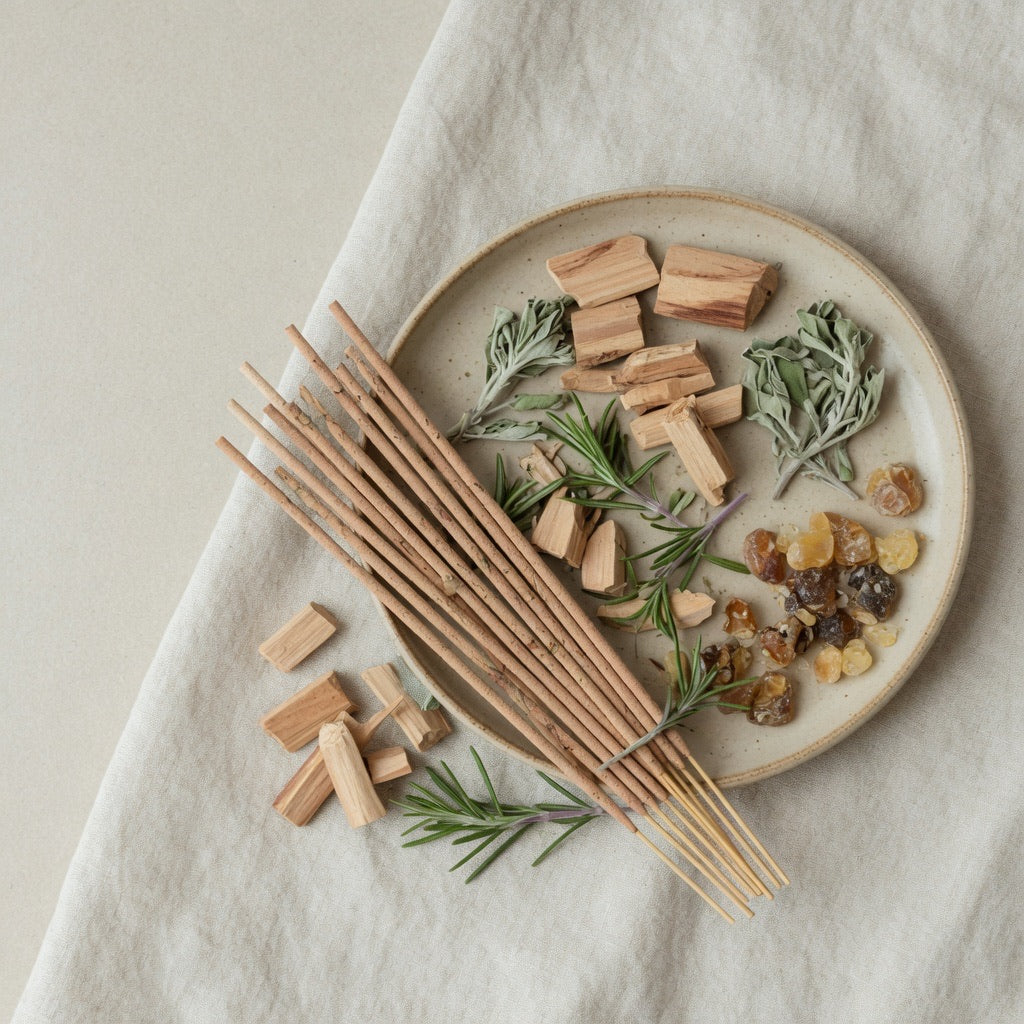 Botanical woods, resins, and herbs for Calm Lumina incense
